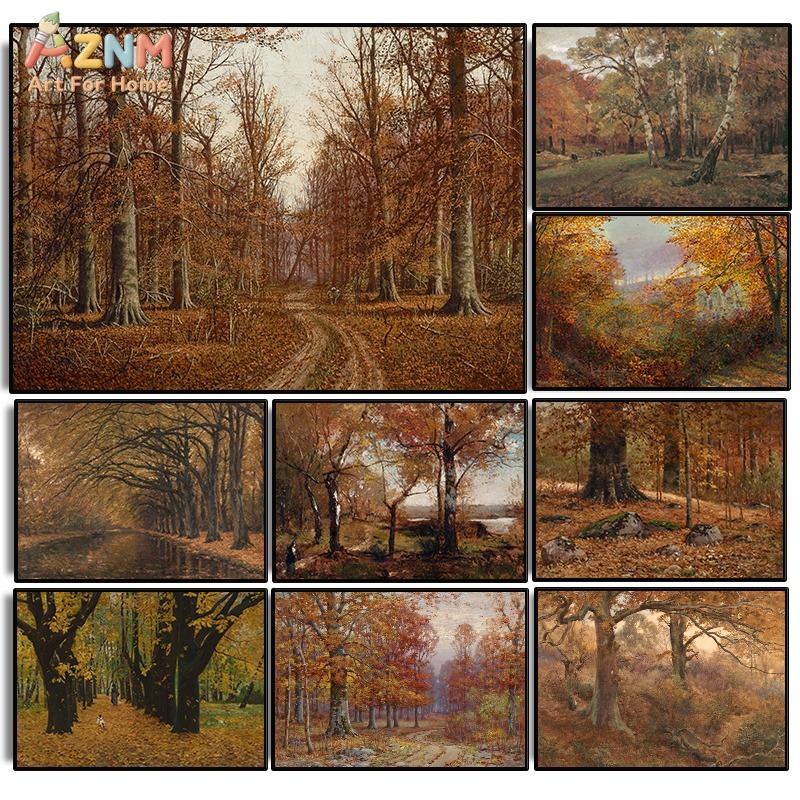 Photography Nature - AZNM Vintage Herbst-Waldlandschaft Leinwand-Wandkunst, Rustikaler Herbstbaumweg-Druck,