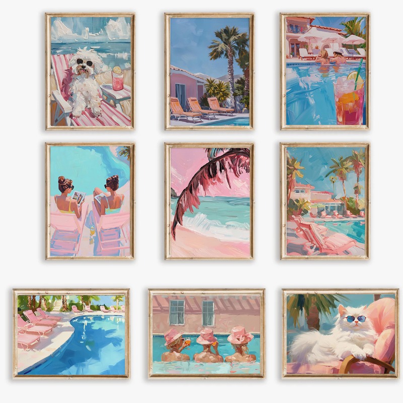 Photography Nature - Vintage Girly Sommer-Pool-Party-Poster, Palm Beachy Pink
