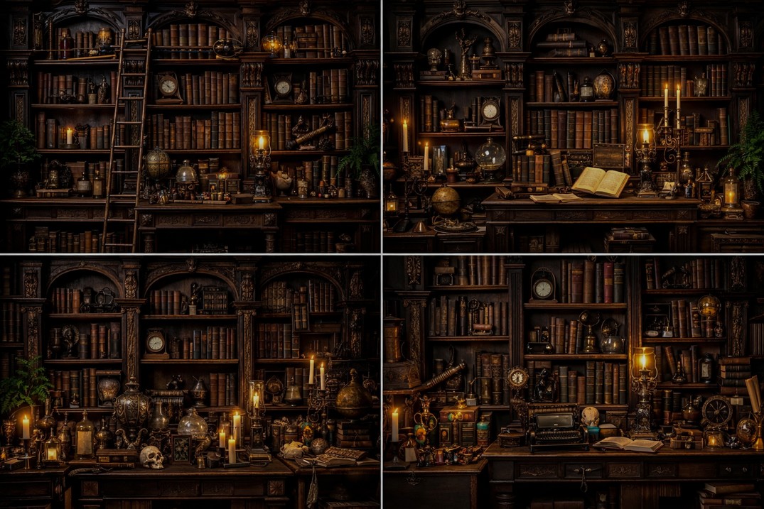 Photography Dark Cloth - Vintage-Bibliotheks-Bücher, Kerzen, antike Dark-Academia-Studiomöbel, stimmungsvolle Hintergründe,