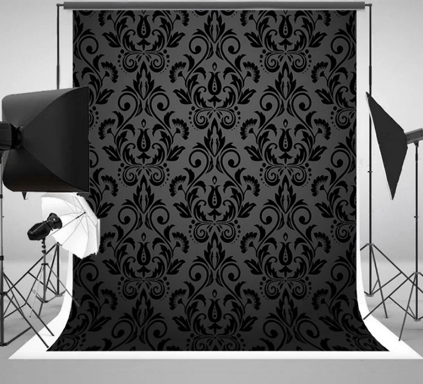 Photography Dark Cloth - Schwarz grau weiß Damast dunkle Blumen